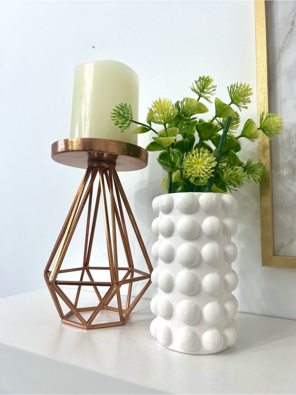 White Textured Bubble Ceramic Vase and rose gold candle holder